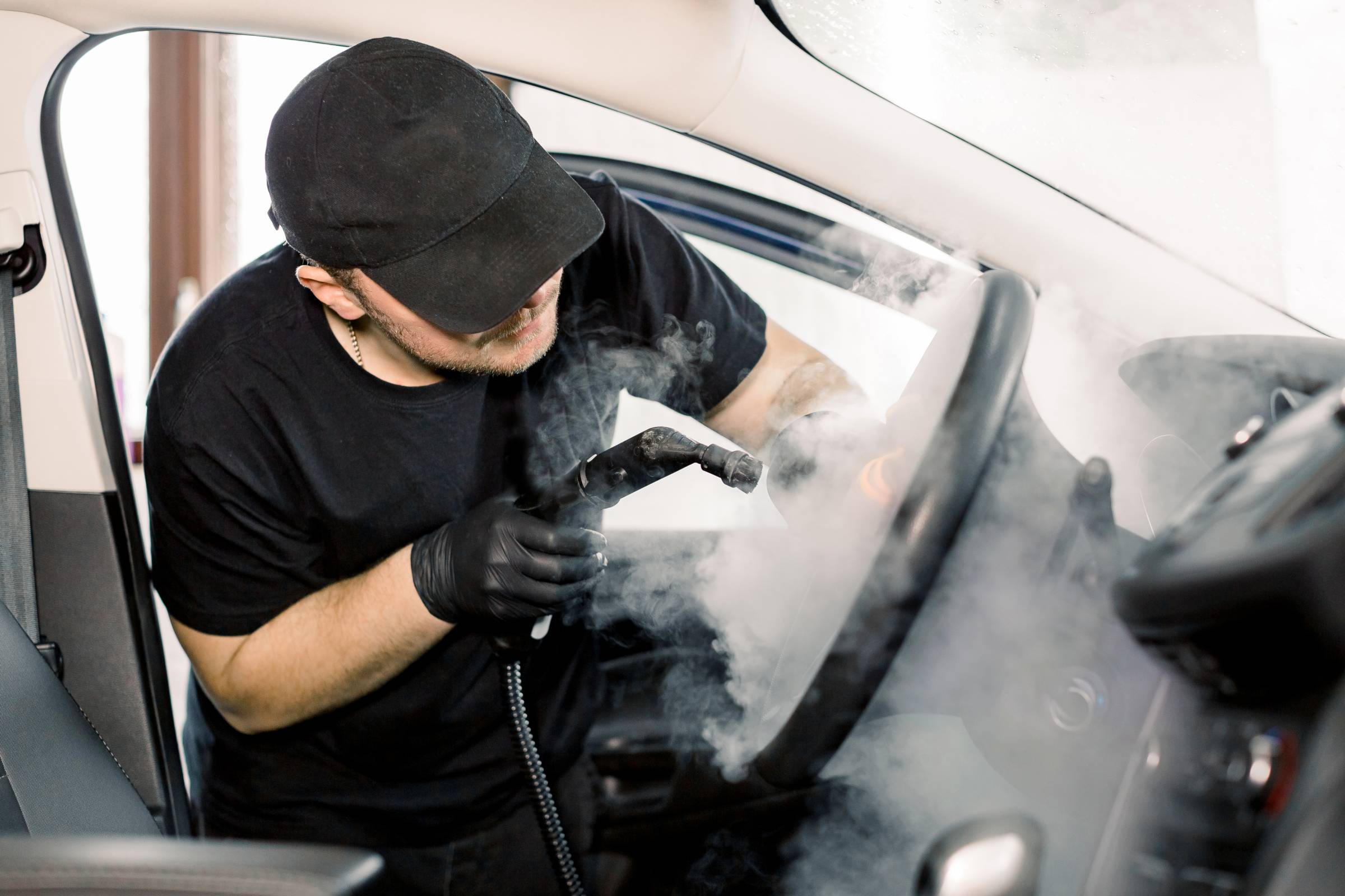 Car detailing workspace prepared for careful vehicle cleaning